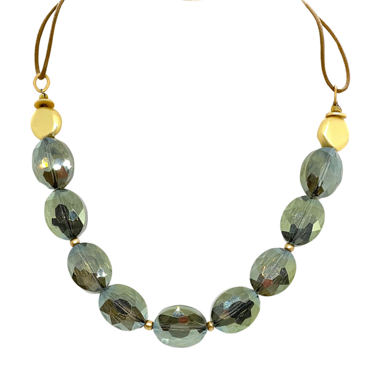 Olive Crystal and Flat Matte Gold Nugget Necklace on Bronze Linen