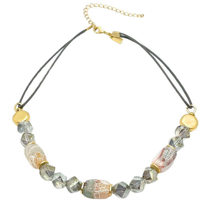 Fire Agate, Olive Crystal, and Flat Matte Gold Nugget Necklace on Olive Linen