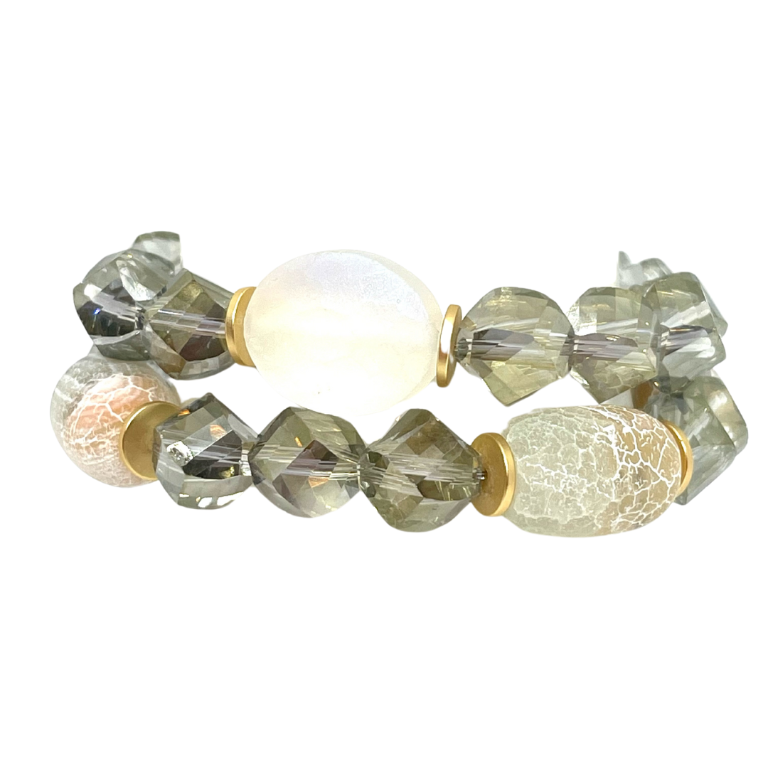 Matte White Crystal and Olive Crystal Stretch Bracelet