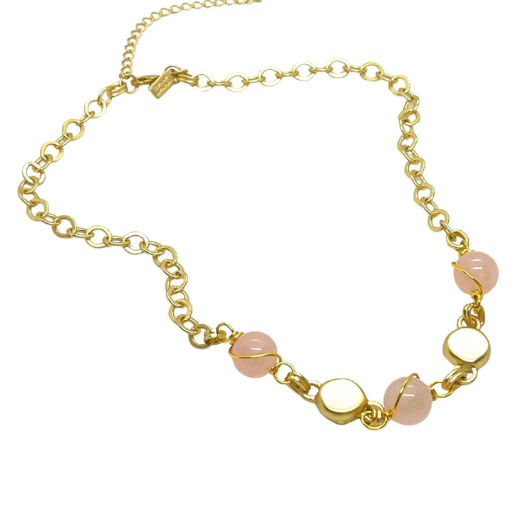 Wire-Wrapped Glazed Rose Quartz Chain Necklace