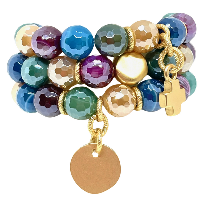 Multi Agate And Gold Nugget Stretch Bracelet