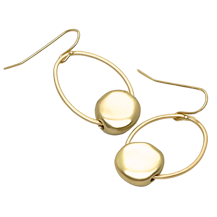 Matte Gold Flat Nugget Inset Oval Hoop Earrings