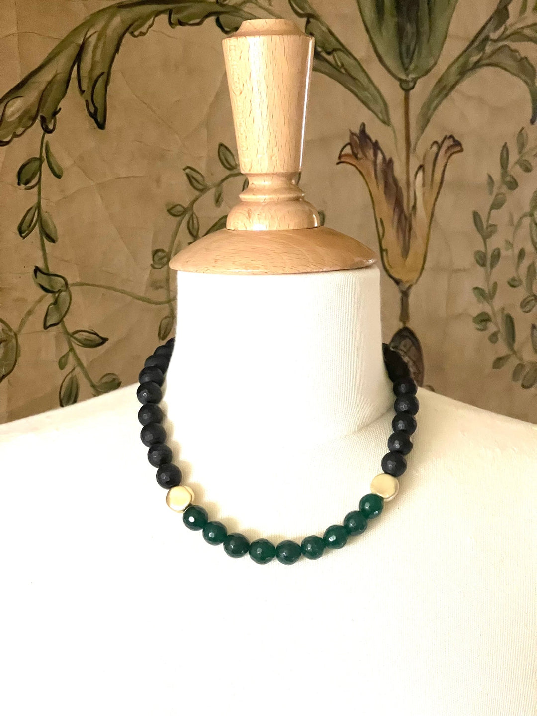 Matte Black Onyx And Green Jade Front Accent Necklace With Matte Gold Beads