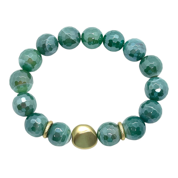 Green Agate Stretch Bracelet With Matte Gold Nugget