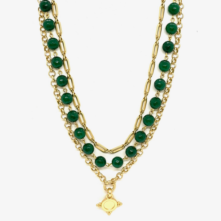 Green Jade 3 Strand Matte Gold Multi Chain Necklace