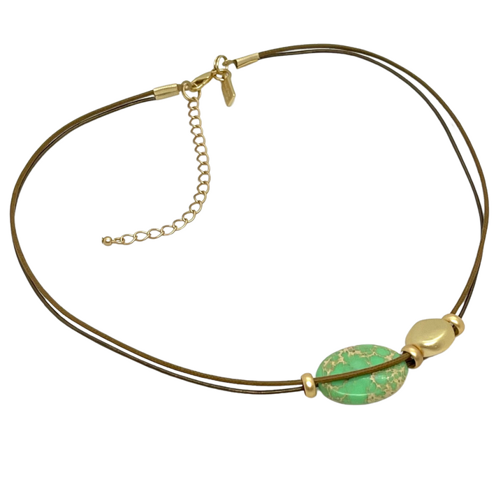 Green Aqua Terra and Matte Gold Nugget on Bronze Necklace