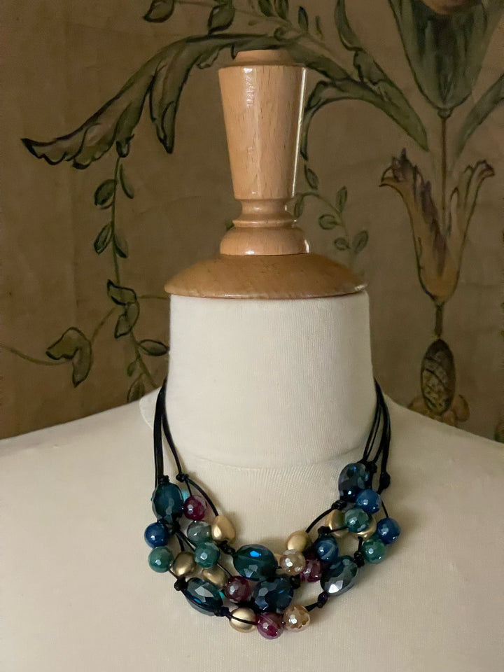 Multi Glazed Agate With Teal Crystal  Black Leather And Linen Torsade Necklace