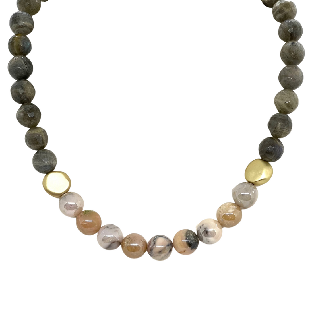 Natural Labradorite And Pink Opal Necklace With Matte Gold Accents