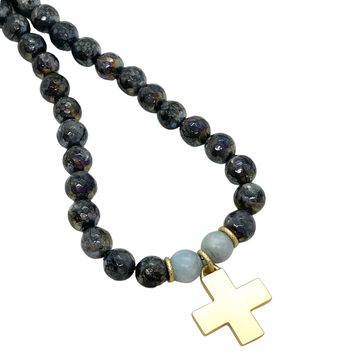 Lavakite And Matte Aqua Marine Matte Gold Cross Necklace