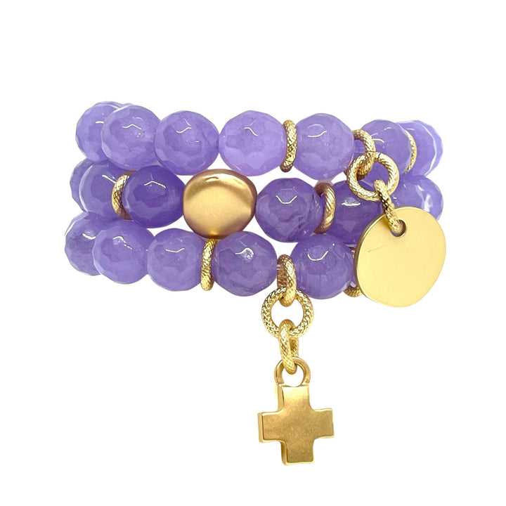 Lavender Jade Stretch Bracelet with Matte Gold Disc Charm