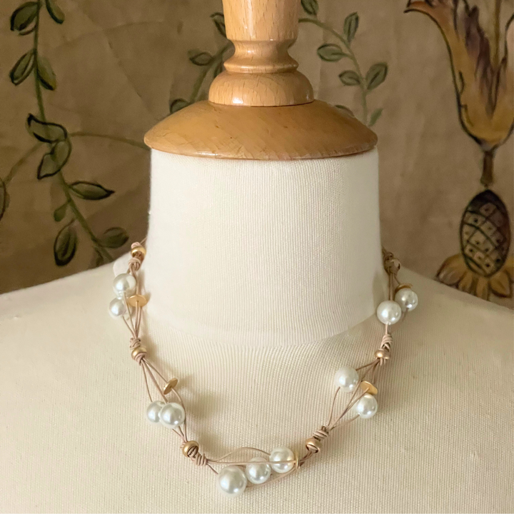 White Pearl Woven Leather Necklace