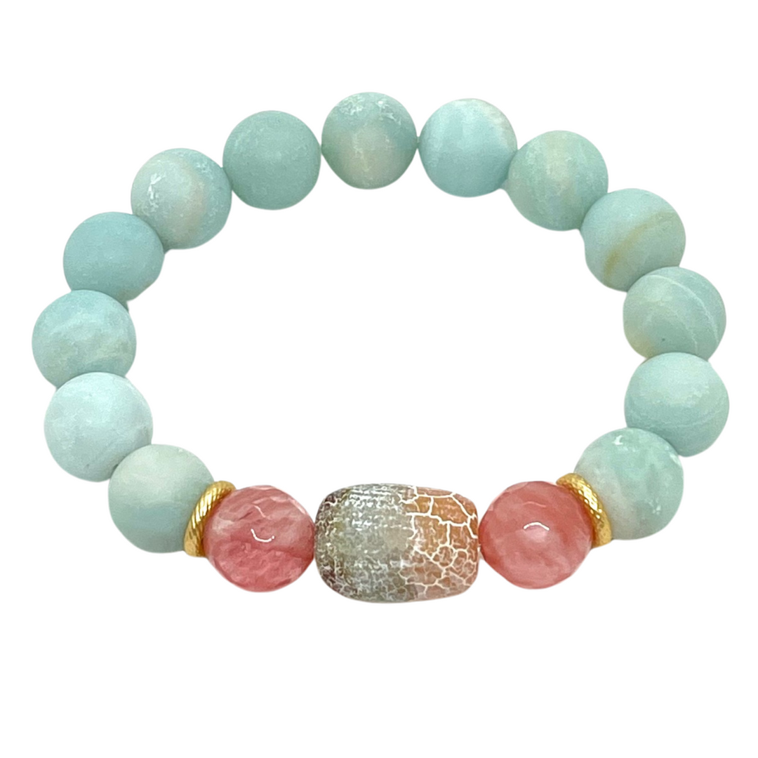 Watermelon Quartz, Amazonite, and Fire Agate Stretch Bracelet