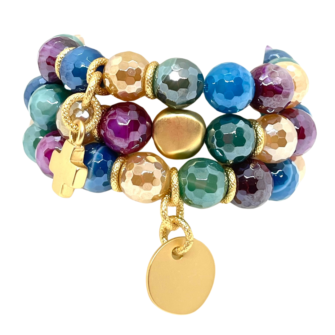 Multi Agate With Matte Gold Cross Stretch Bracelet