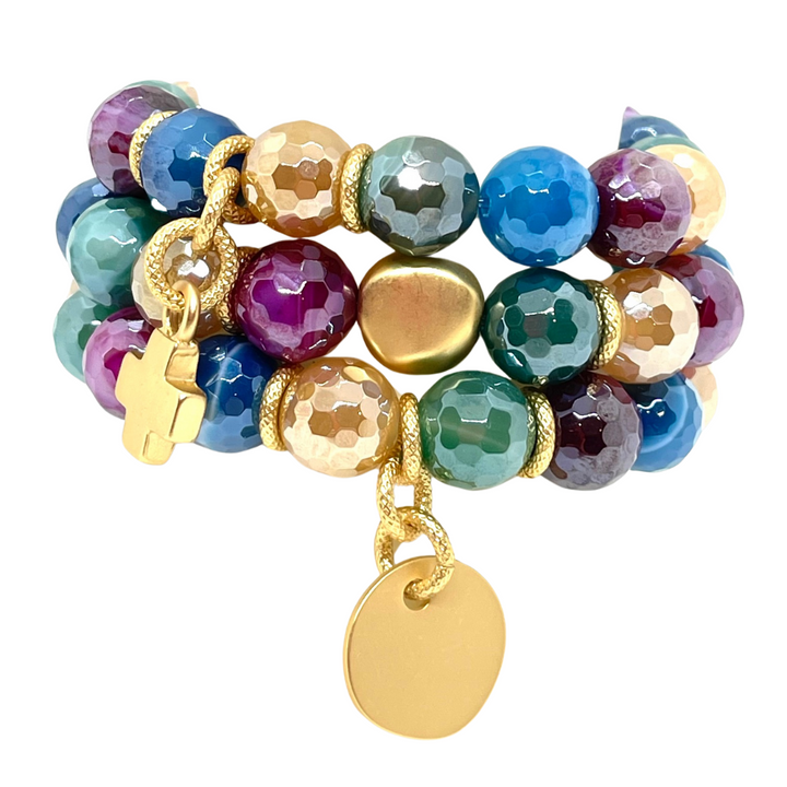 Multi Agate With Matte Gold Cross Stretch Bracelet