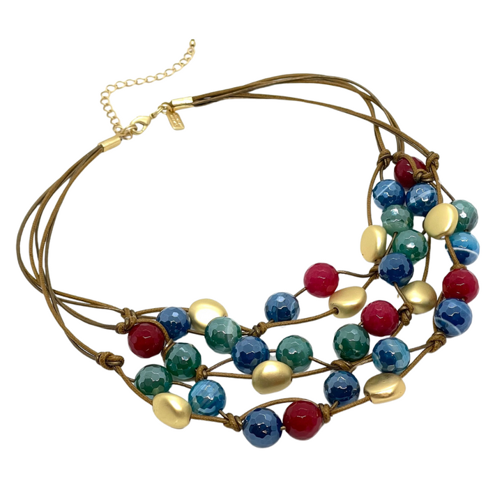 Multi Glazed Agate Bronze Leather and Linen Torsade Necklace