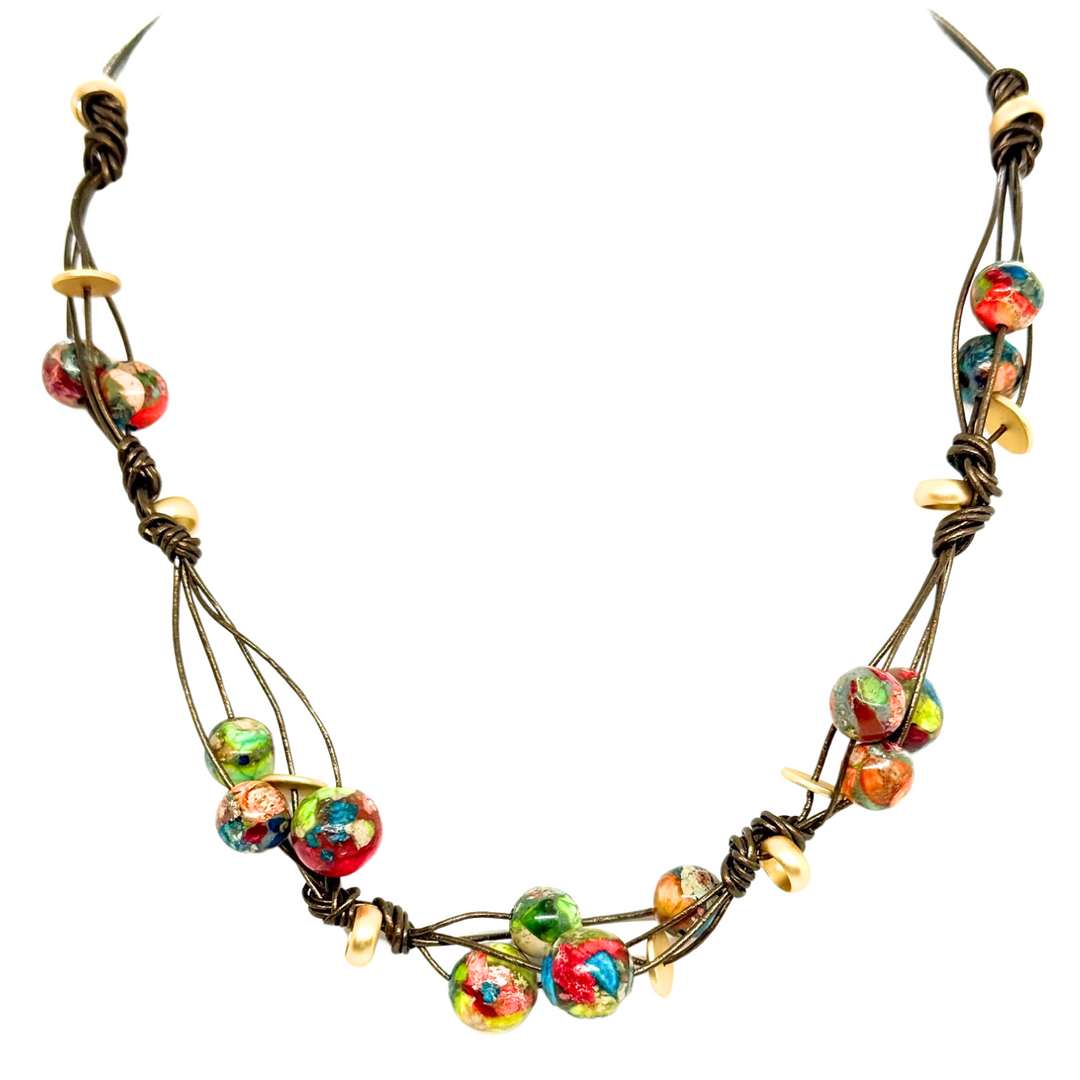 Multi Jasper Woven Necklace On Bronze Leather