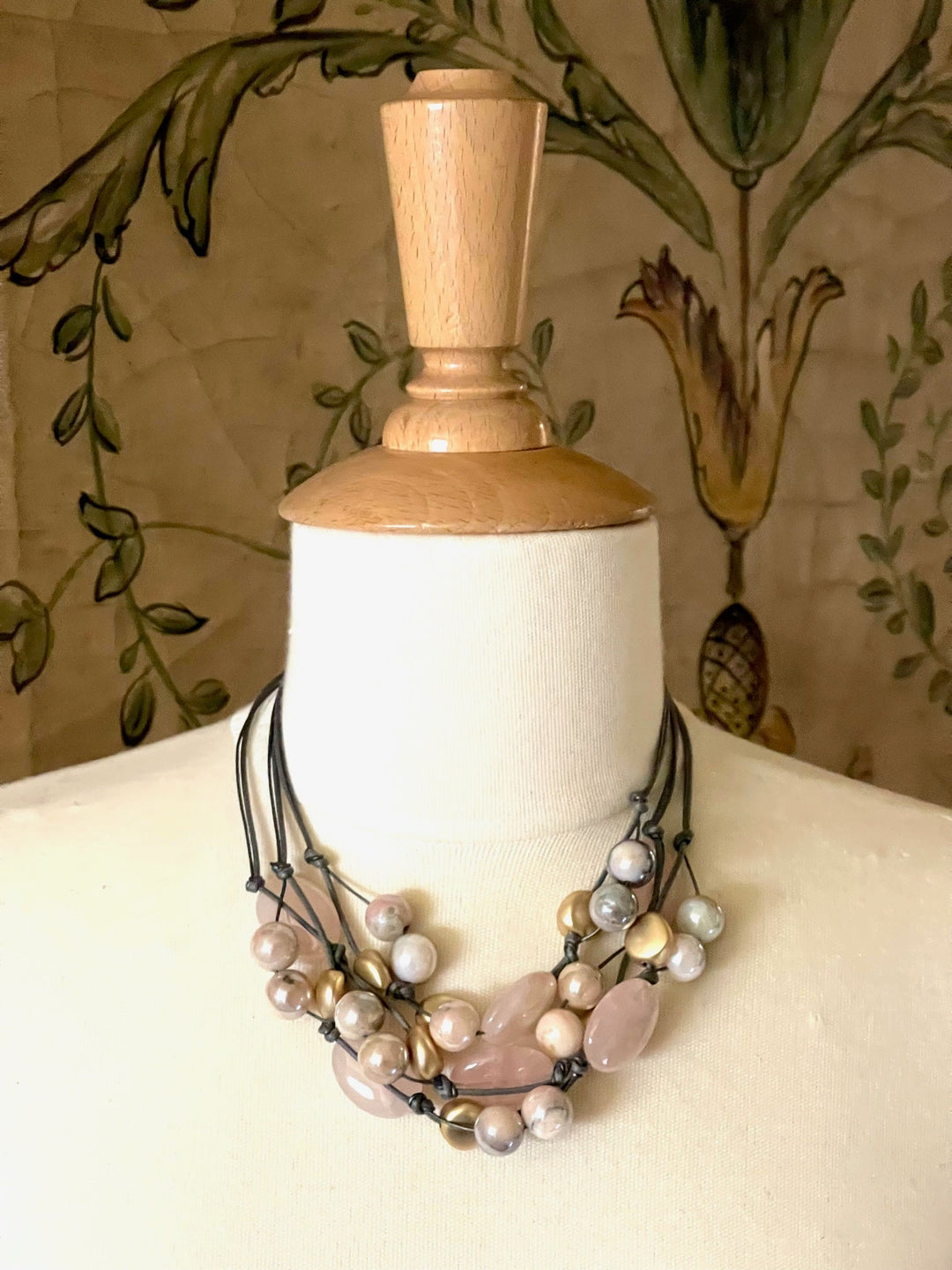 Rose Quartz and Natural Opal Torsade on Gray Linen and Leather