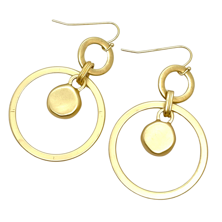 Matte Gold Nugget Charm In Matte Gold Loop Earrings