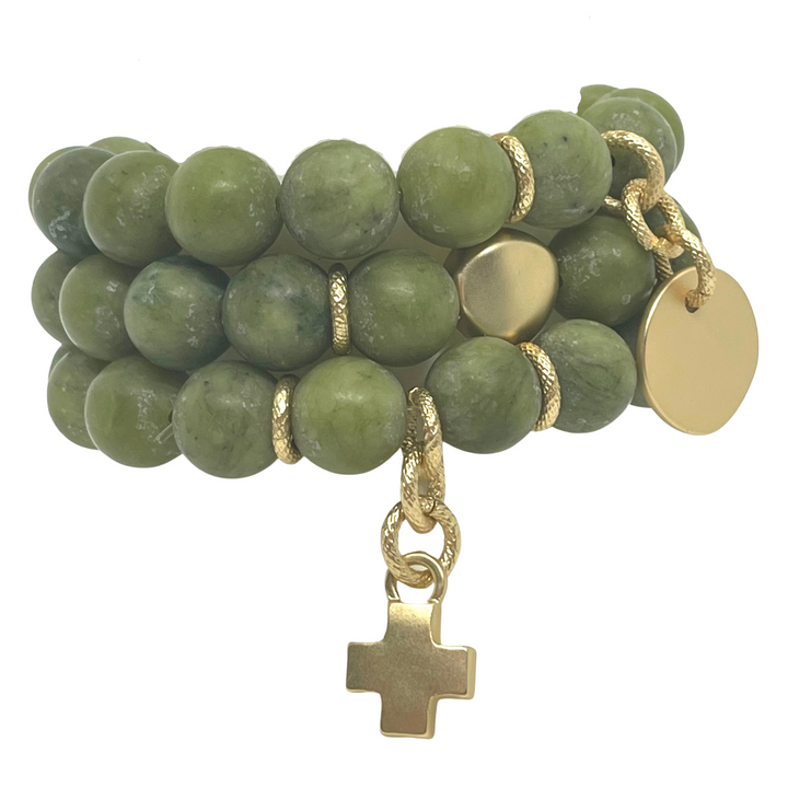 Olive Jade Stretch Bracelet With Cross Charm