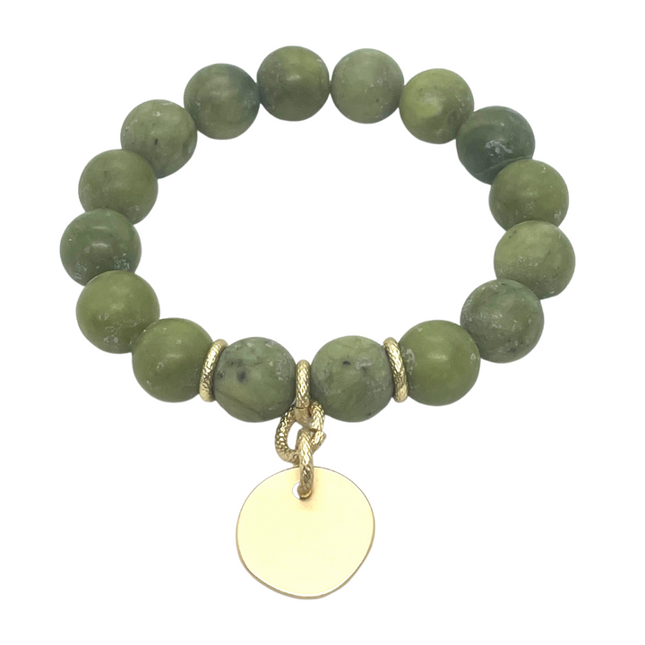 Olive Jade Matte Gold Charm Stretch Bracelet