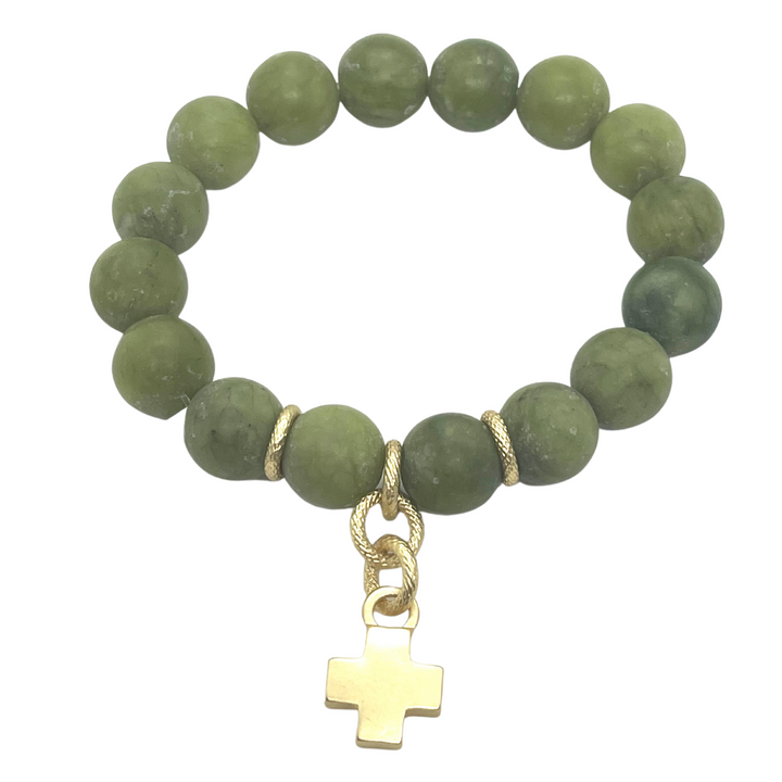 Olive Jade Stretch Bracelet With Cross Charm