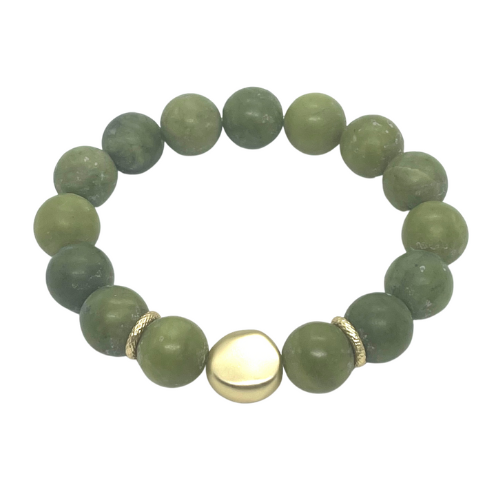 Olive Jade With Matte Gold Nugget Stretch Bracelet