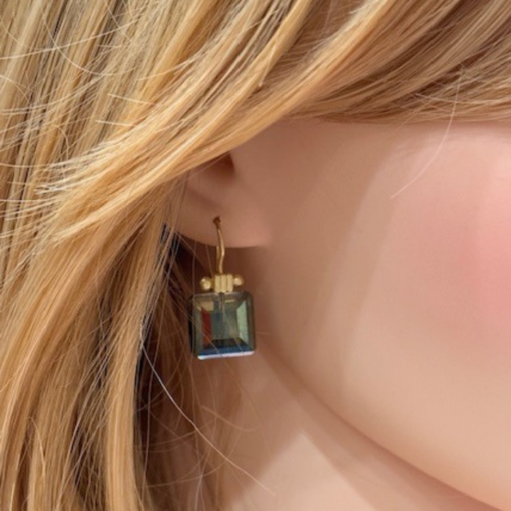 Square Olive Crystal Matte Gold Column Earrings