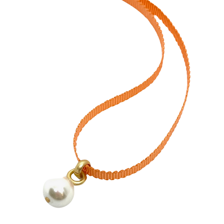 Pearl Pendant on Orange Grosgrain Ribbon Necklace