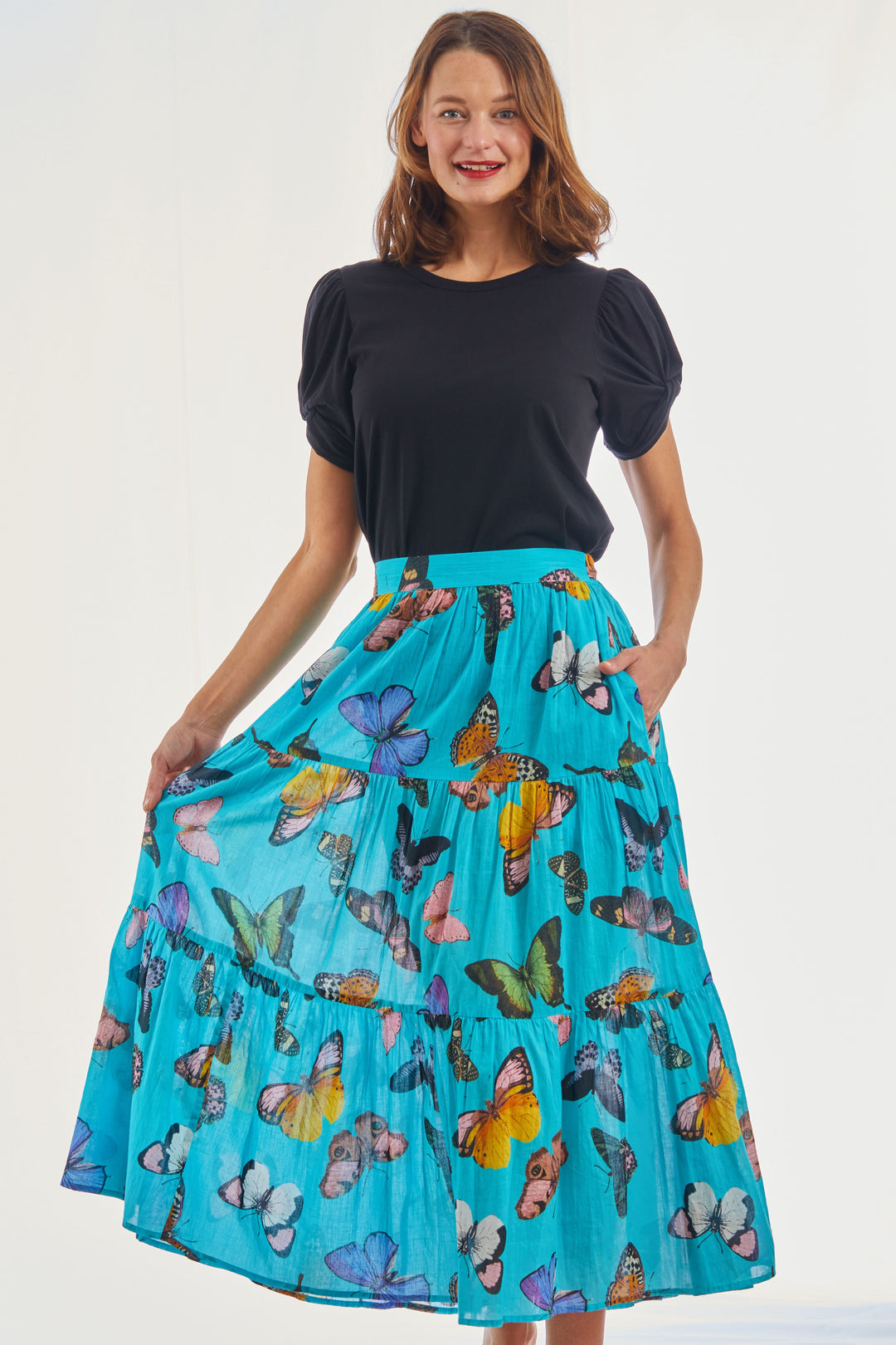 Woodstock Turquoise Butterfly Pull On Flounce Skirt