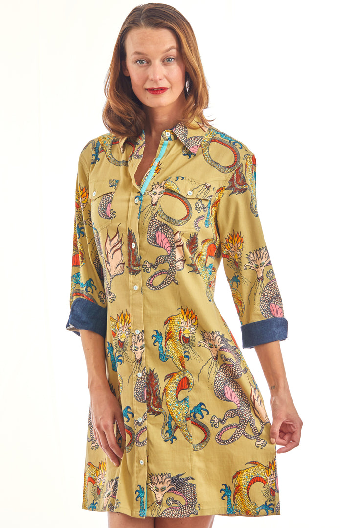 Sag Harbor Dress Khaki Dragons Print