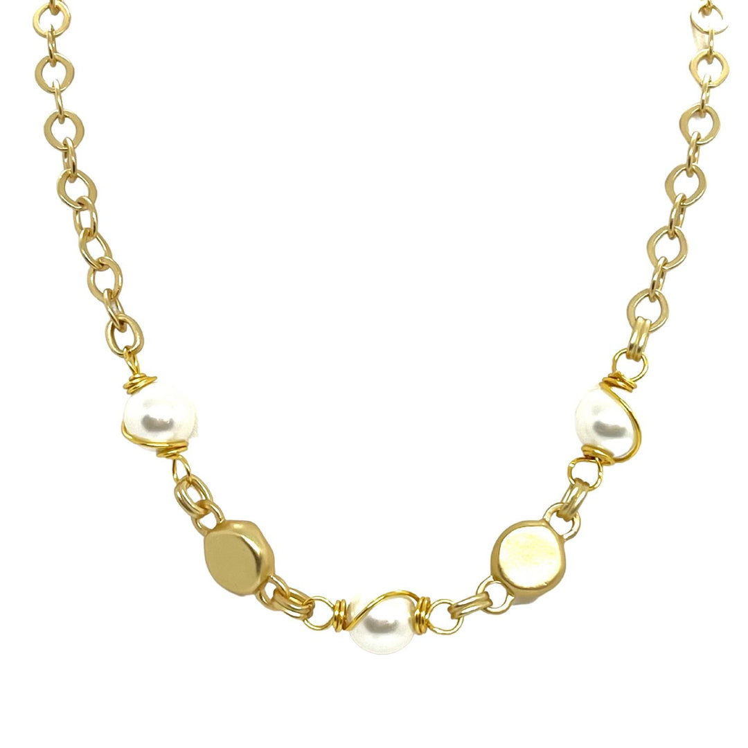 Wire-Wrapped Pearl Matte Gold Chain Necklace