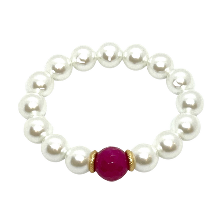 Glass Pearl With 14mm Fuschia Jade Accent Bead Stretch Bracelet