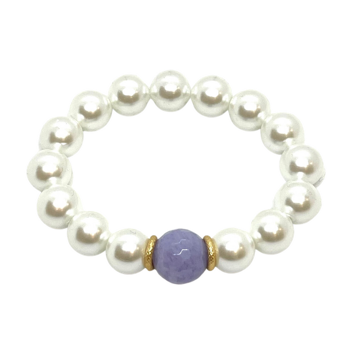 Glass Pearl With 14mm Lavender Jade And Matte Gold Rondel Accents Stretch Bracelet