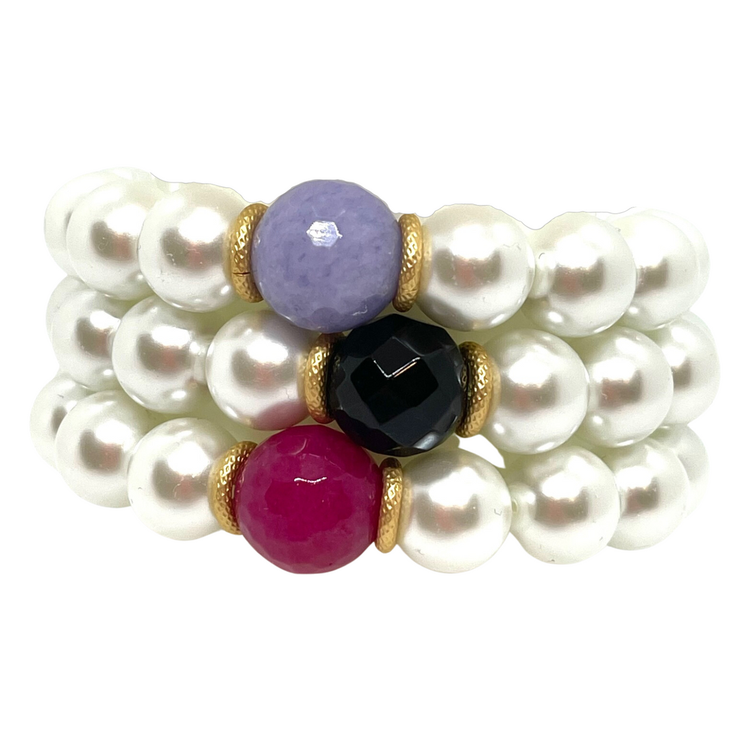 Glass Pearl With 14mm Fuschia Jade Accent Bead Stretch Bracelet