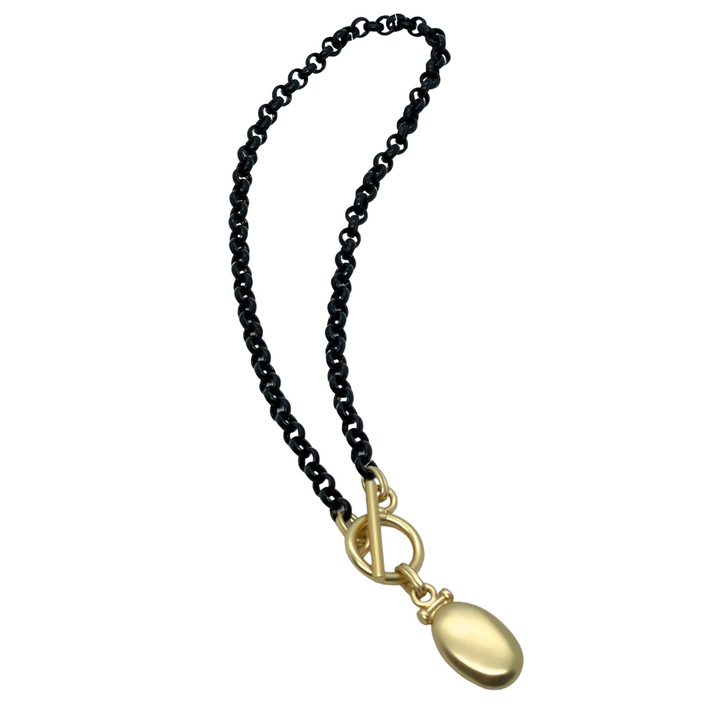 Matte Gold Pillow Pendant On Matte Black Chain