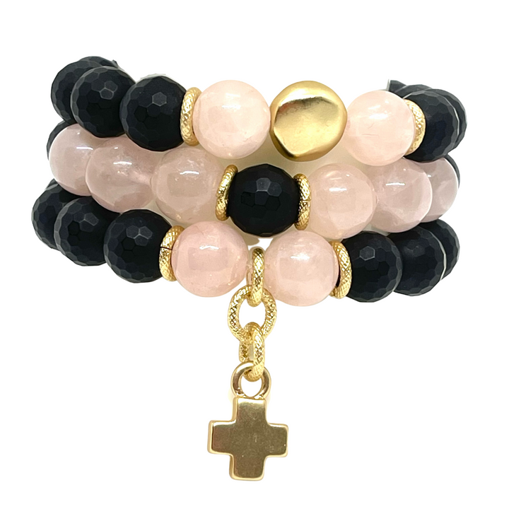 Onyx And Rose Quartz Stretch Bracelet With Matte Gold Nugget Accent