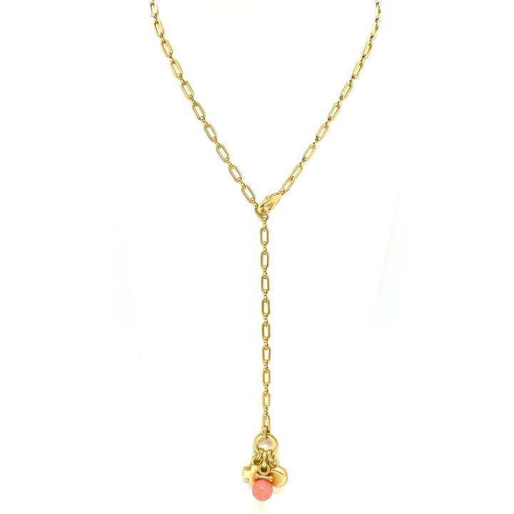 Pink Coral Jade And Matte Gold Adjustable Paperclip Charm Y Necklace