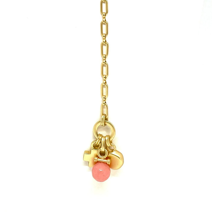 Pink Coral Jade And Matte Gold Adjustable Paperclip Charm Y Necklace