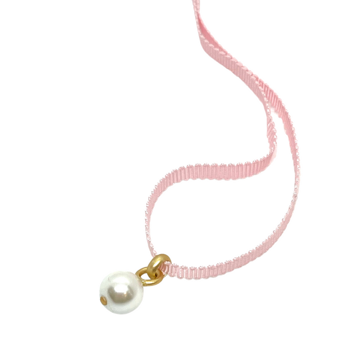 Pearl Pendant on Pink Grosgrain Ribbon Necklace