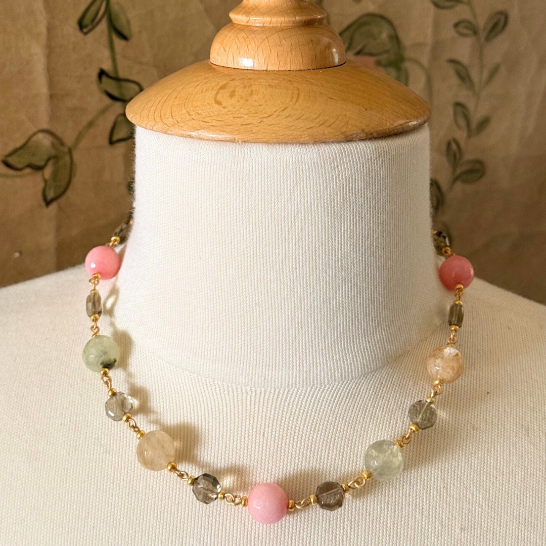 Pink Jade, Prehnite, Smoke Topaz, And Citrine Link Necklace