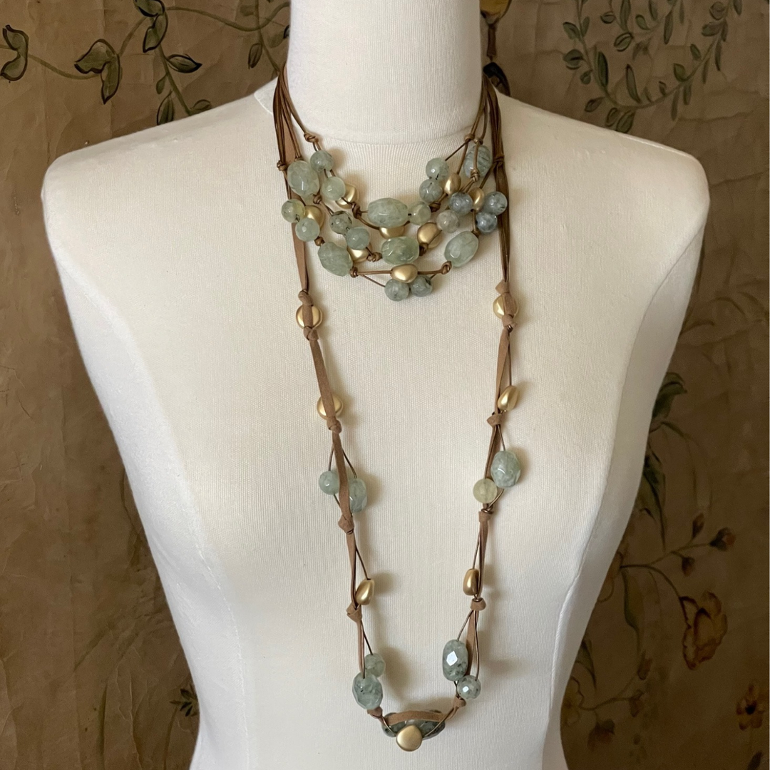 Prehnite and Matte Gold Bead Bronze Linen Torsade Necklace