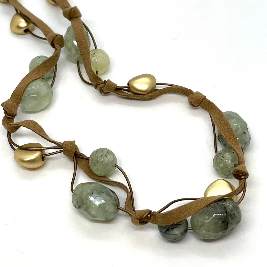 Prehnite and Matte Gold Nugget Necklace on Bronze Suded and Leather