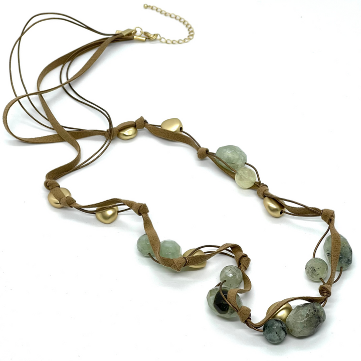 Prehnite and Matte Gold Nugget Necklace on Bronze Suded and Leather