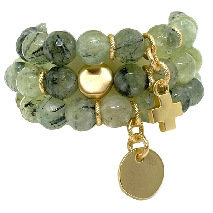 Prehnite Stretch Bracelet With Matte Gold Cross