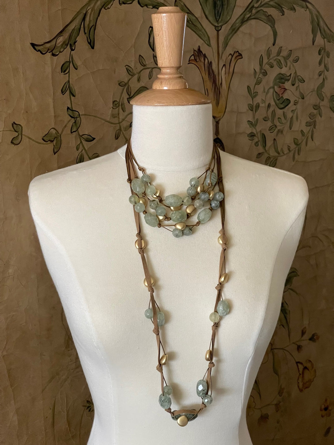 Prehnite and Matte Gold Nugget Necklace on Bronze Suded and Leather