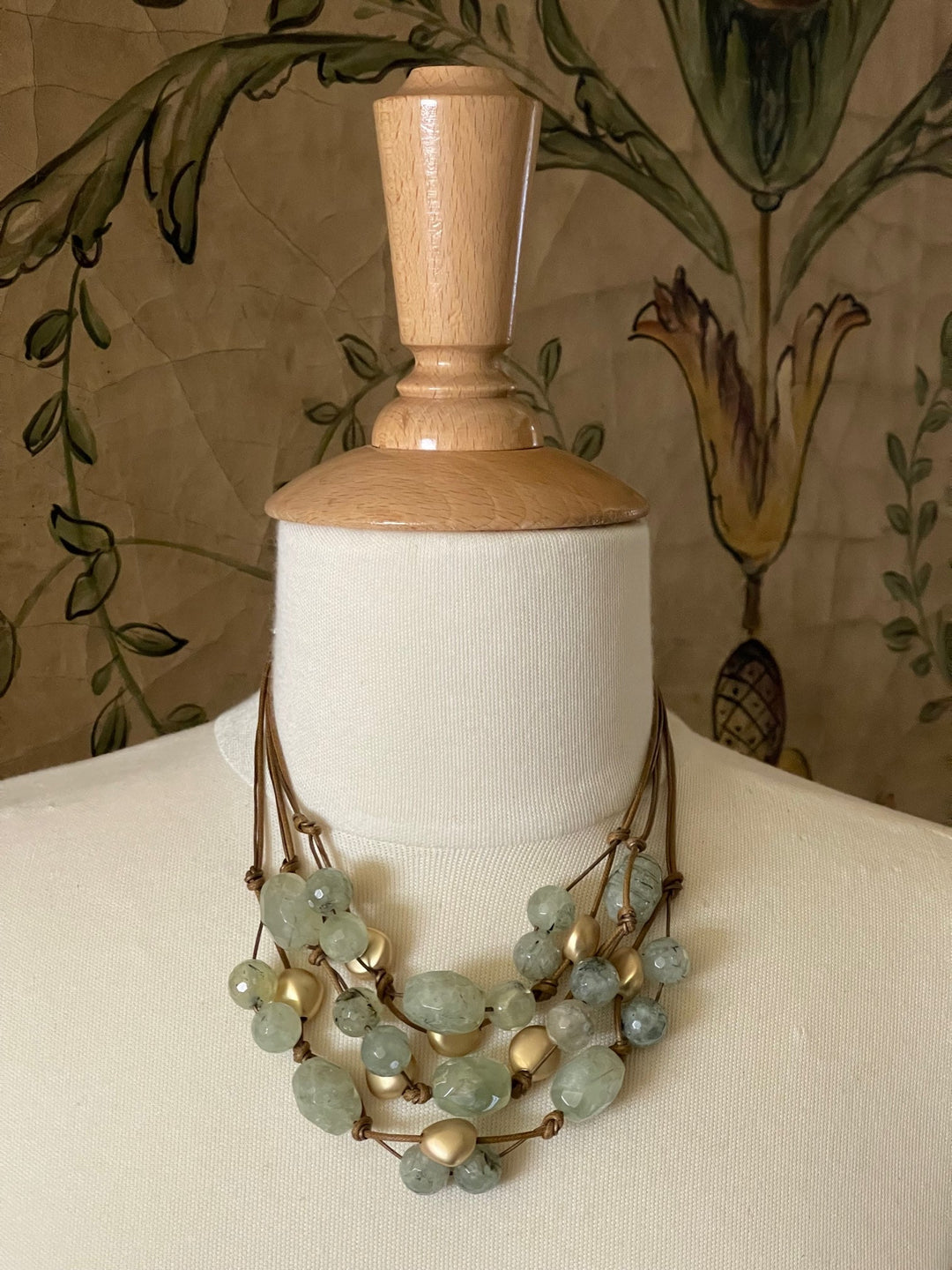 Prehnite and Matte Gold Bead Bronze Linen Torsade Necklace