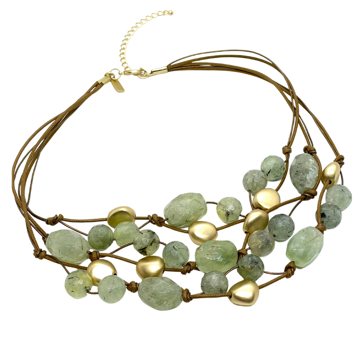 Prehnite and Matte Gold Bead Bronze Linen Torsade Necklace