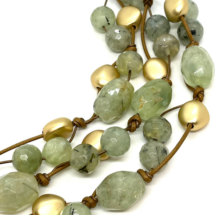 Prehnite and Matte Gold Bead Bronze Linen Torsade Necklace