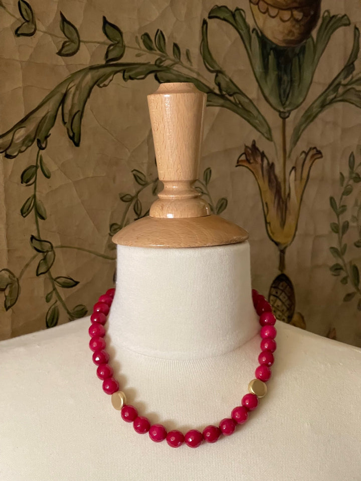 Red Jade Necklace With Matte Gold Flat Bead Accents