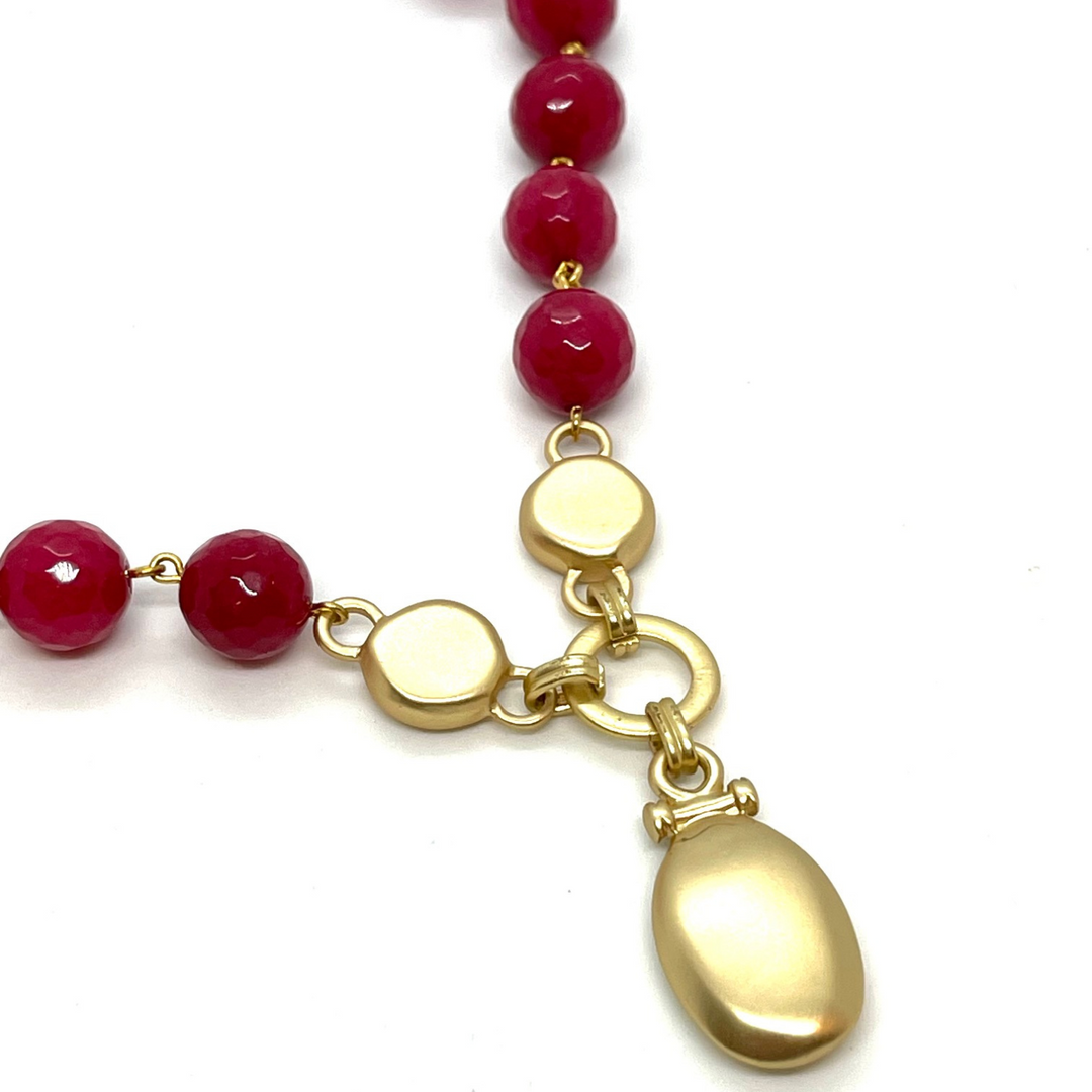 Red Jade Necklace with Matte Gold Accents and Pendant